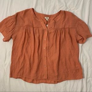 ANA Small V Neck Button Down Short Sleeve Linen-Like Blouse